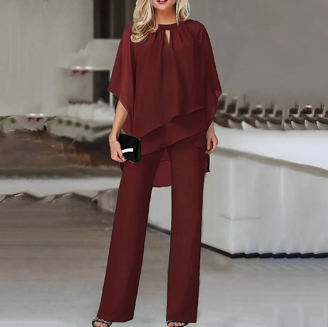 Women's Layered Chiffon Batwing-Sleeve Wide-Leg Pants Two-Piece Set - Wine Red