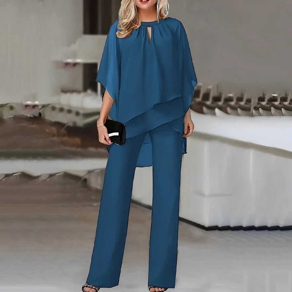 Women's Layered Chiffon Batwing-Sleeve Wide-Leg Pants Two-Piece Set - Sapphire Blue