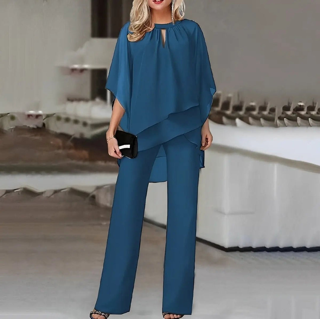 Women's Layered Chiffon Batwing-Sleeve Wide-Leg Pants Two-Piece Set - Sapphire Blue