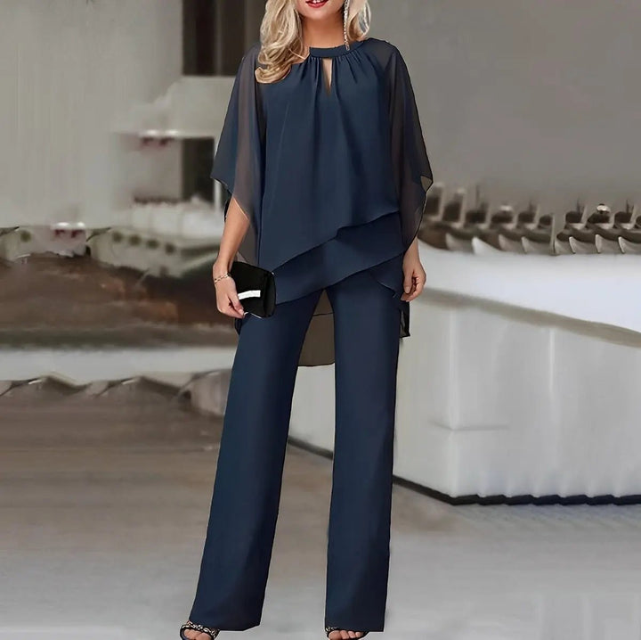 Women's Layered Chiffon Batwing-Sleeve Wide-Leg Pants Two-Piece Set - Navy Blue