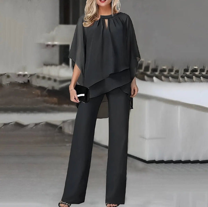Women's Layered Chiffon Batwing-Sleeve Wide-Leg Pants Two-Piece Set - Black