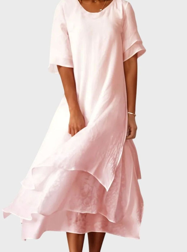 Women's Layered Midi Casual Short-Sleeve Relaxed Dress - Pink