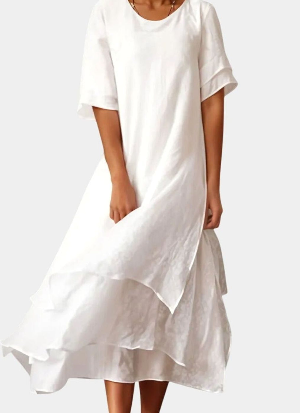 Women's Layered Midi Casual Short-Sleeve Relaxed Dress - White