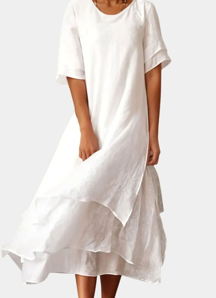 Women's Layered Midi Casual Short-Sleeve Relaxed Dress - White