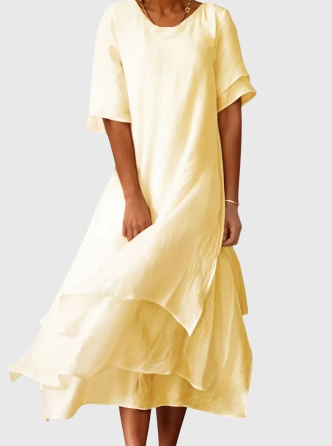 Women's Layered Midi Casual Short-Sleeve Relaxed Dress - Yellow