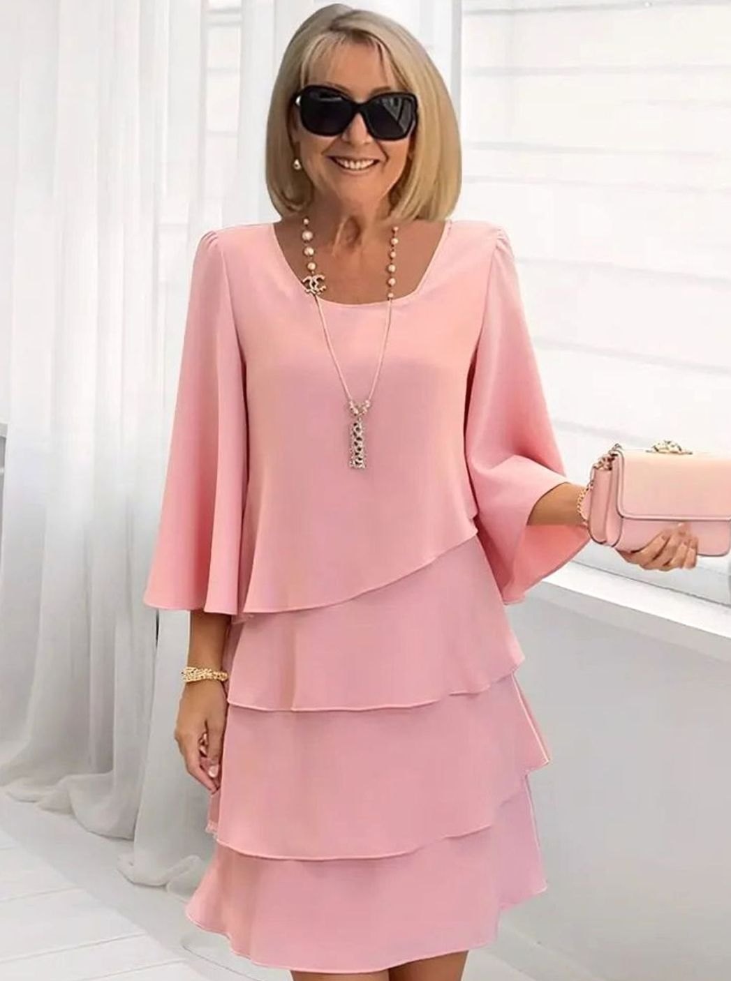 Women's Layered Ruffle Chiffon Occasion Dress - Pink