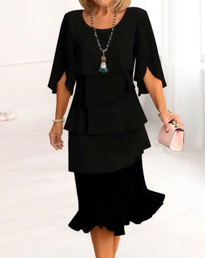 Women's Layered Ruffle Flared Midi Dress Round Neck Half Sleeve - Black