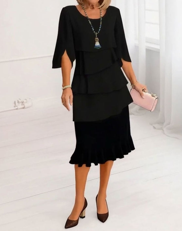 Women's Layered Ruffle Flared Midi Dress Round Neck Half Sleeve