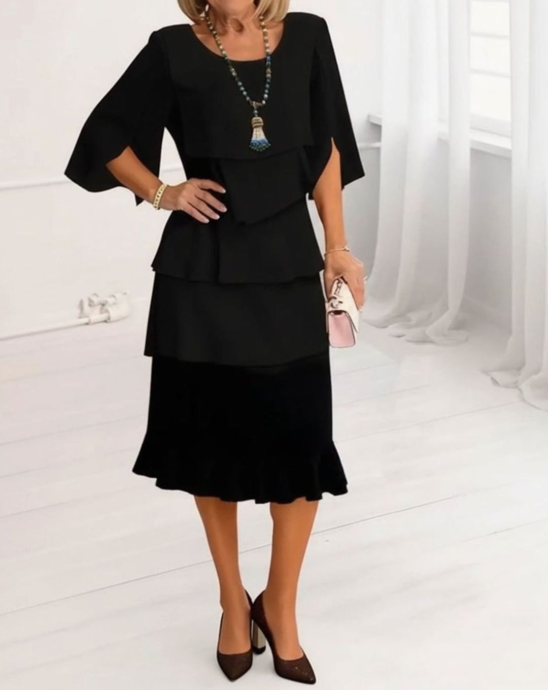 Women's Layered Ruffle Flared Midi Dress Round Neck Half Sleeve