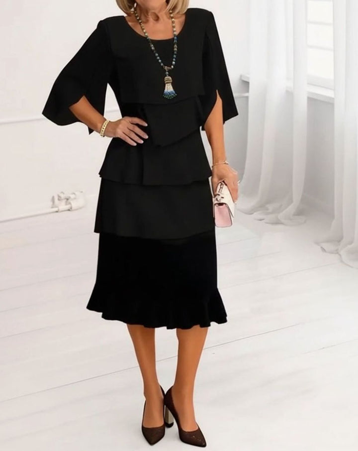 Women's Layered Ruffle Flared Midi Dress Round Neck Half Sleeve