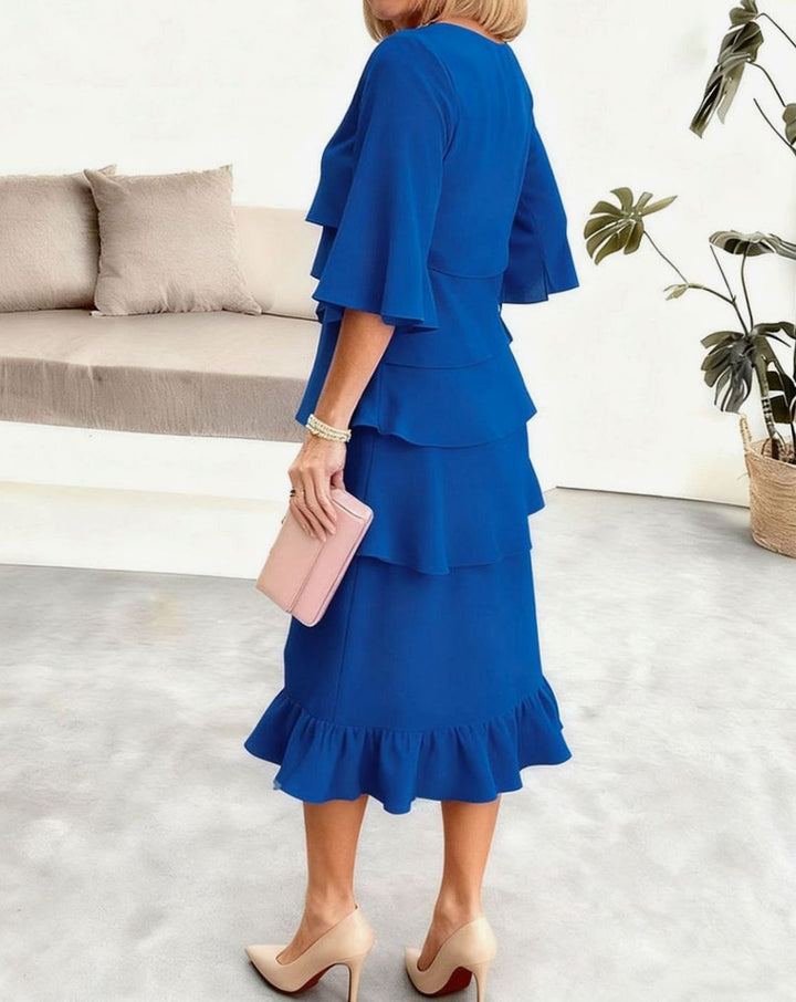 Women's Layered Ruffle Flared Midi Dress Round Neck Half Sleeve