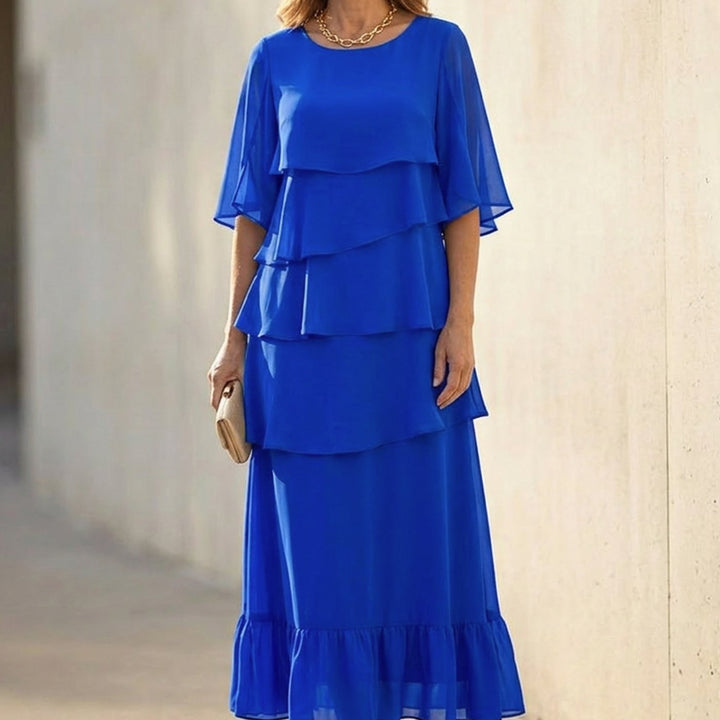Women's Layered Ruffle Midi Dress Flutter Sleeve Chiffon