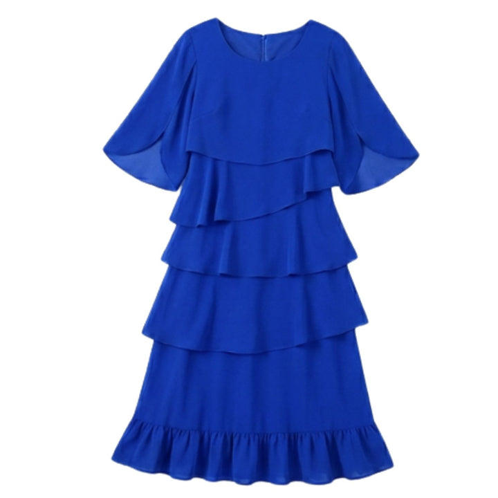 Women's Layered Ruffle Midi Dress Flutter Sleeve Chiffon - Blue