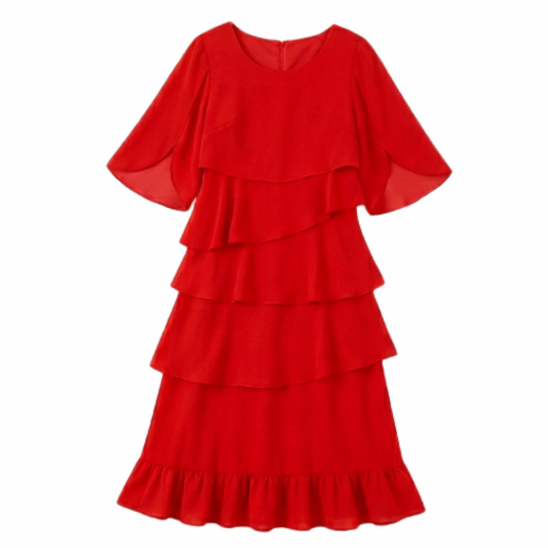 Women's Layered Ruffle Midi Dress Flutter Sleeve Chiffon - Red