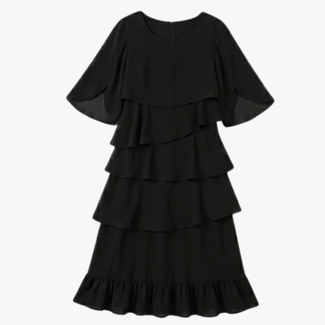 Women's Layered Ruffle Midi Dress Flutter Sleeve Chiffon - Black