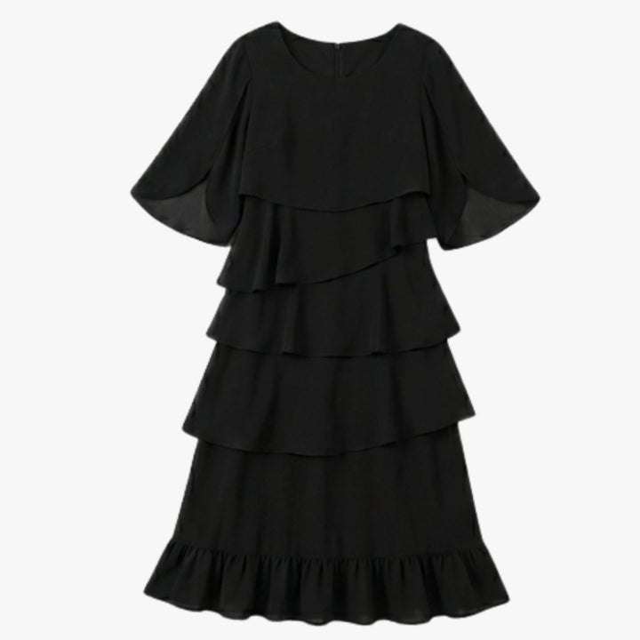 Women's Layered Ruffle Midi Dress Flutter Sleeve Chiffon - Black