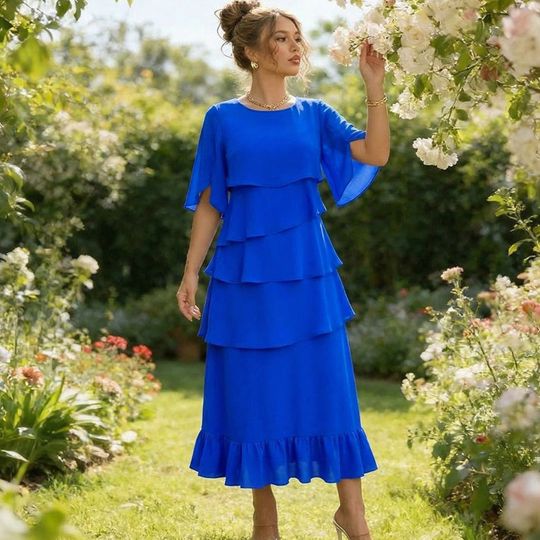 Women's Layered Ruffle Midi Dress Flutter Sleeve Chiffon
