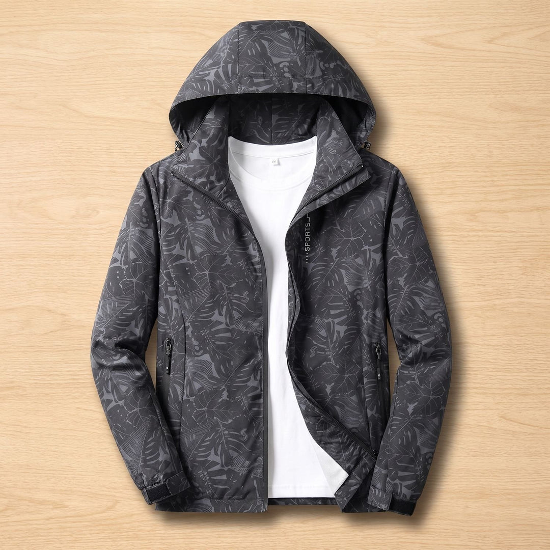 Women's Leaf-Print Hooded Windproof Zip-Up Jacket - Black