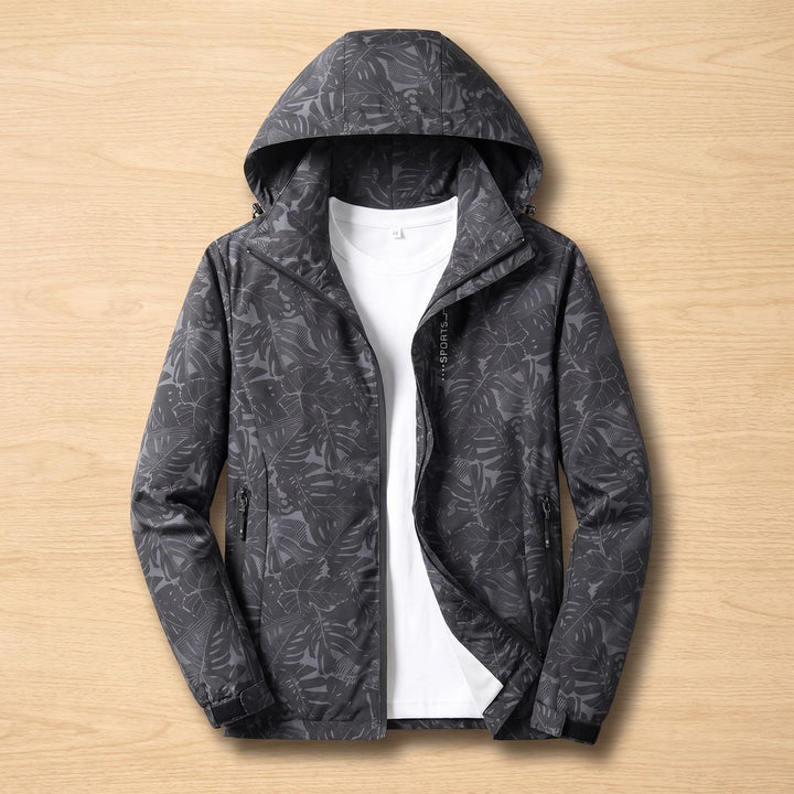 Women's Leaf-Print Hooded Windproof Zip-Up Jacket - Black