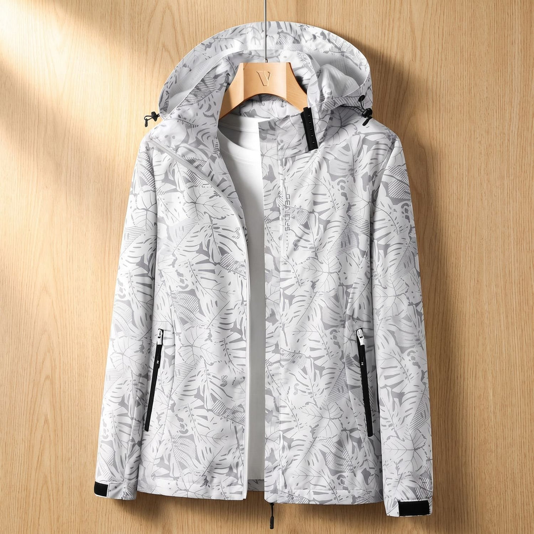 Women's Leaf-Print Hooded Windproof Zip-Up Jacket - White