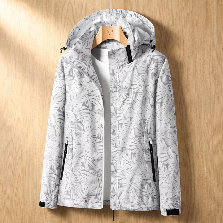 Women's Leaf-Print Hooded Windproof Zip-Up Jacket - White