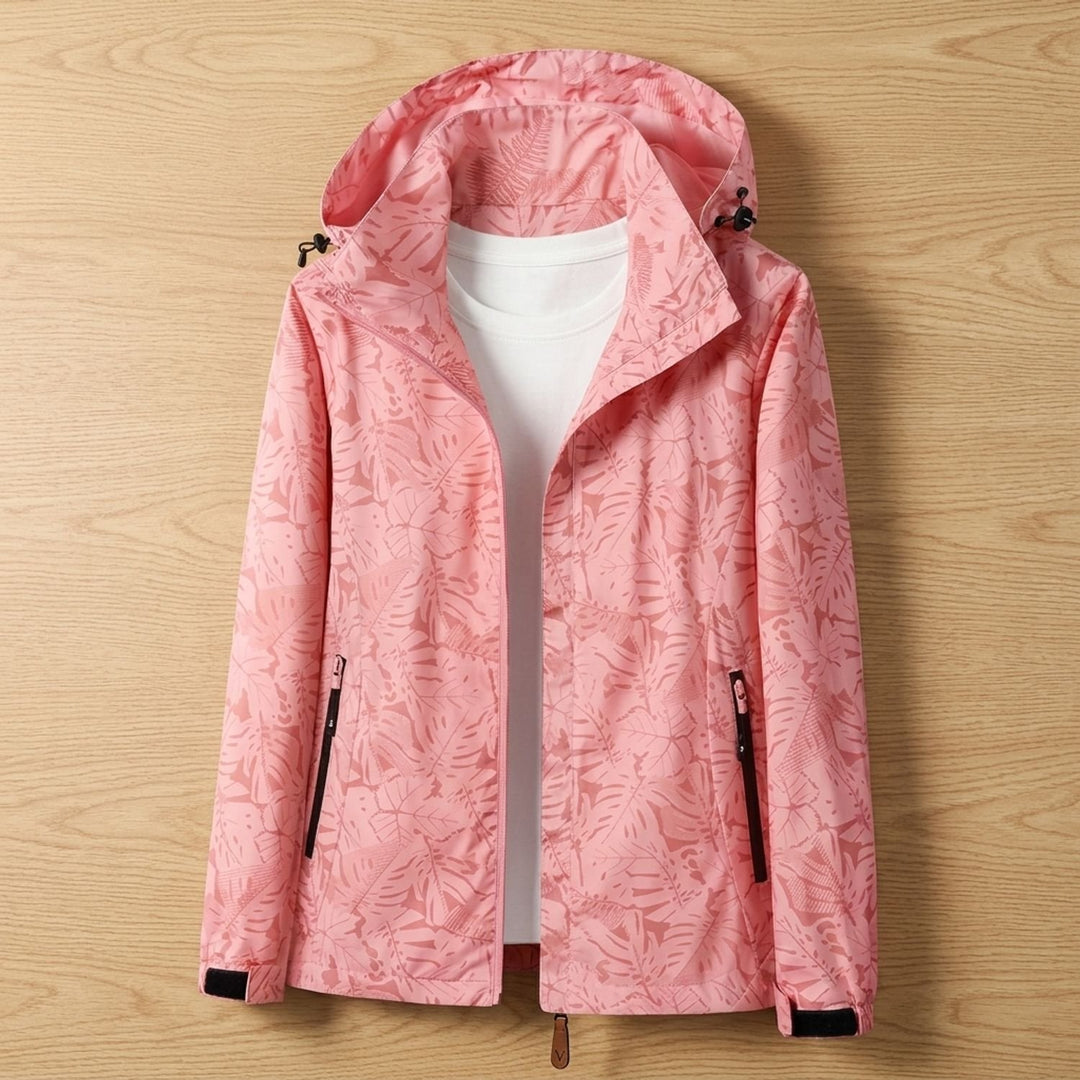 Women's Leaf-Print Hooded Windproof Zip-Up Jacket - Pink
