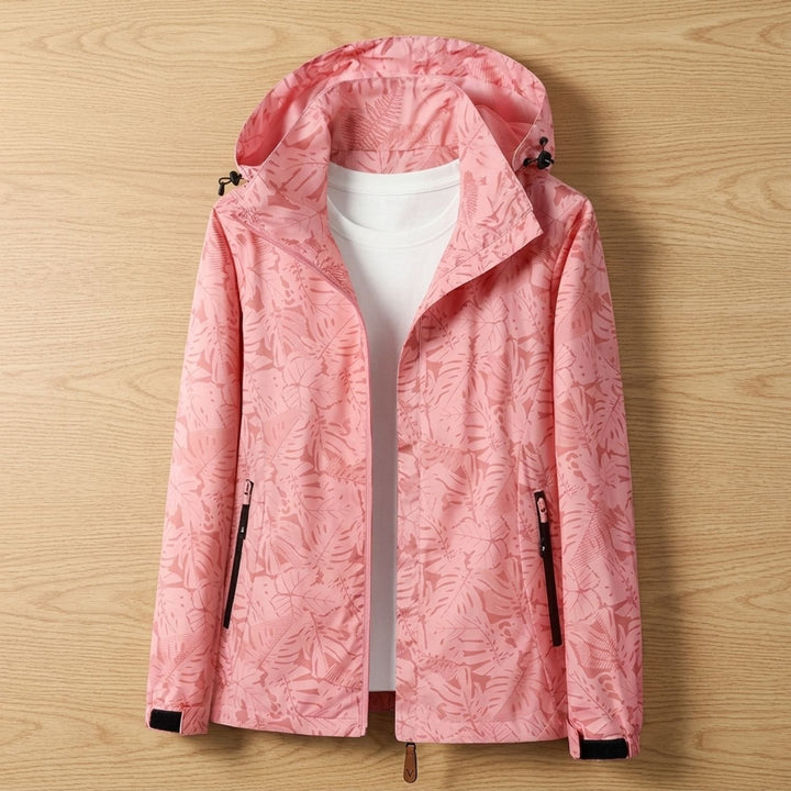 Women's Leaf-Print Hooded Windproof Zip-Up Jacket - Pink