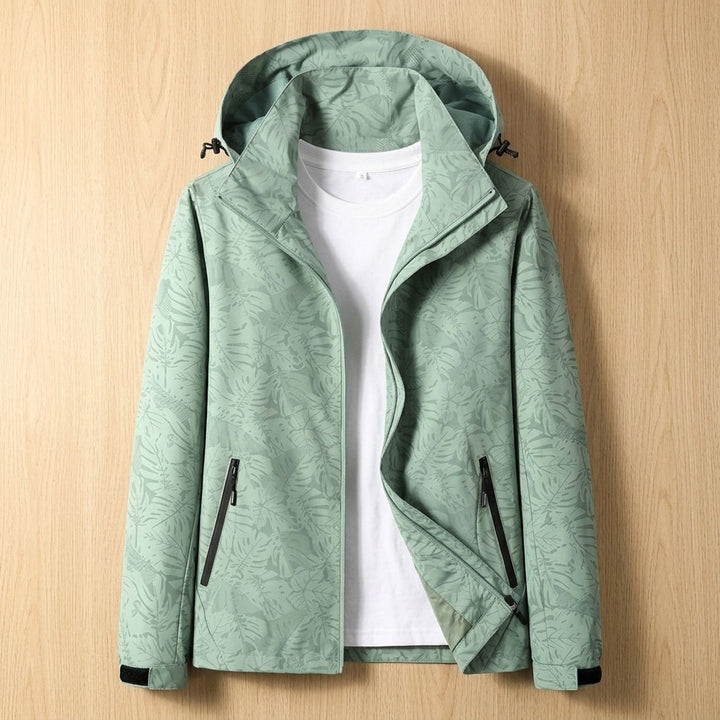Women's Leaf-Print Hooded Windproof Zip-Up Jacket - Green