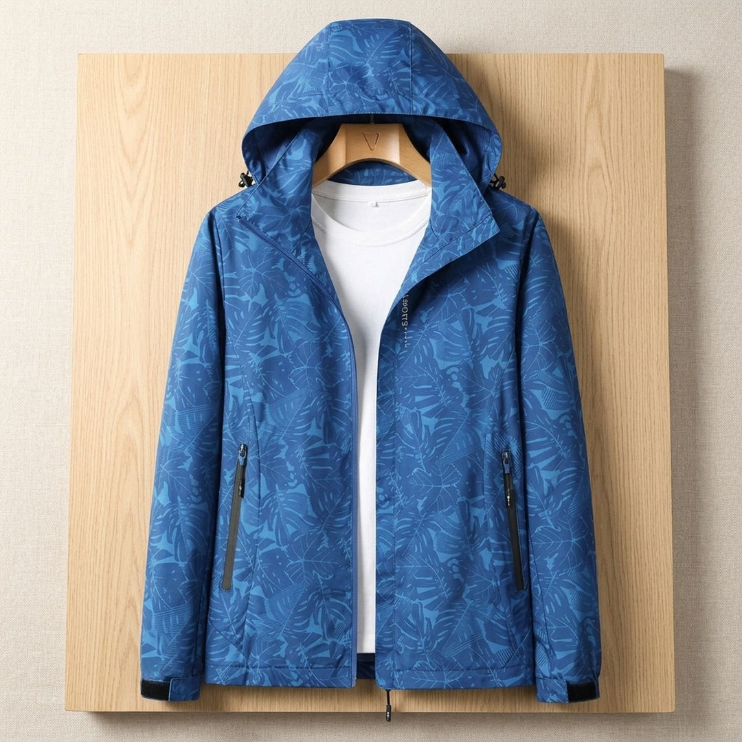Women's Leaf-Print Hooded Windproof Zip-Up Jacket - Blue