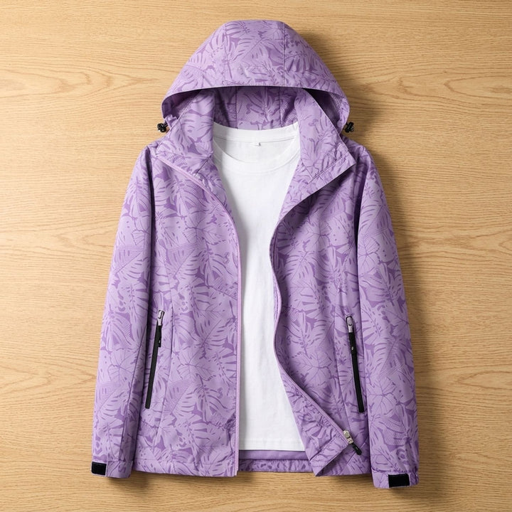 Women's Leaf-Print Hooded Windproof Zip-Up Jacket - Purple