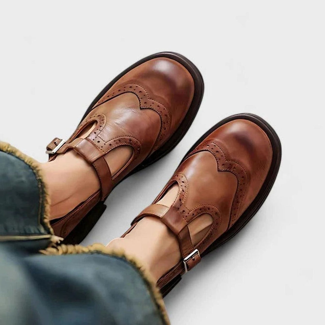 Women's Leather Brogue T-Strap Classic Boots Buckle Flats