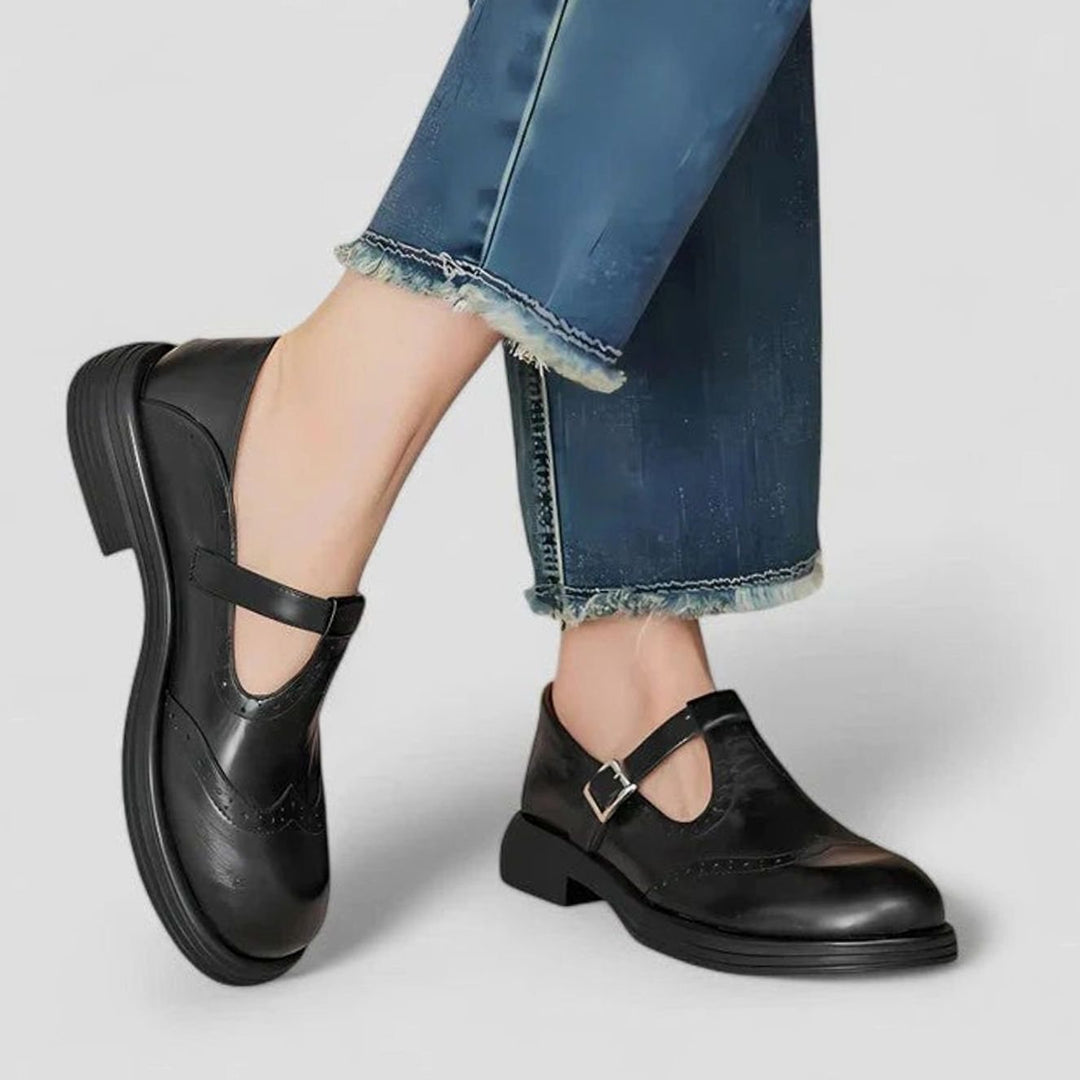 Women's Leather Brogue T-Strap Classic Boots Buckle Flats - Black