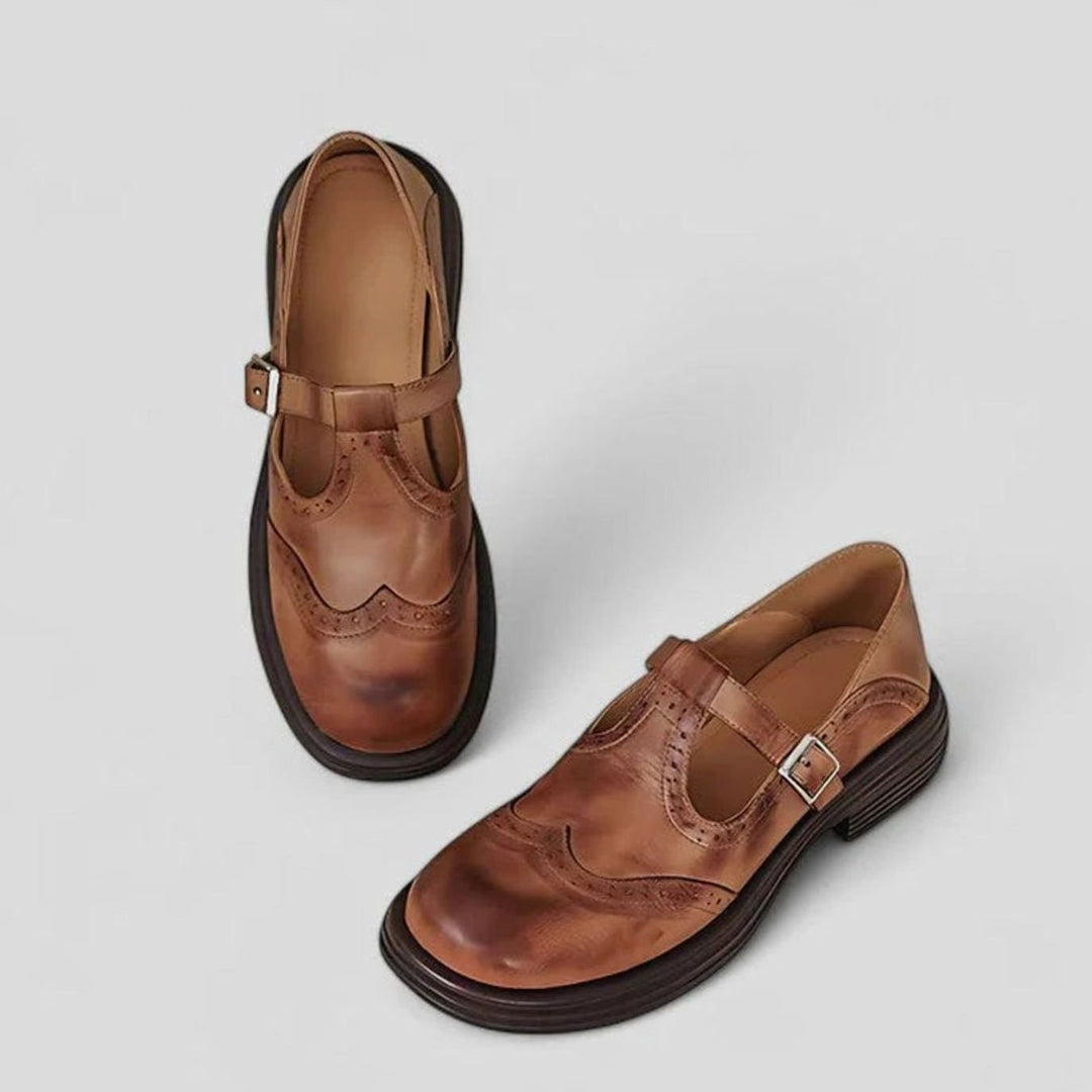 Women's Leather Brogue T-Strap Classic Boots Buckle Flats