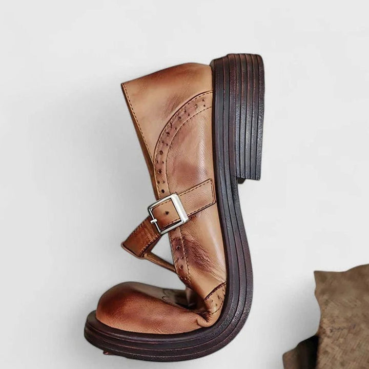 Women's Leather Brogue T-Strap Classic Boots Buckle Flats