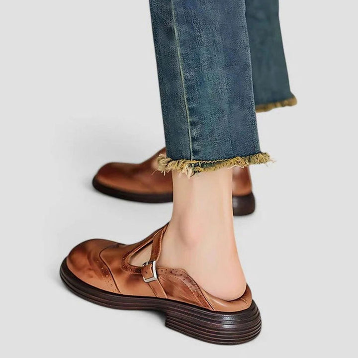 Women's Leather Brogue T-Strap Classic Boots Buckle Flats