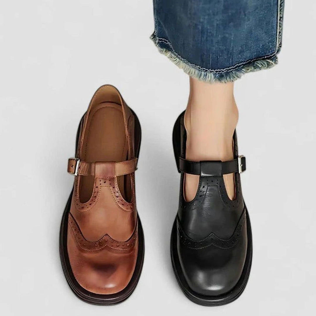 Women's Leather Brogue T-Strap Classic Boots Buckle Flats