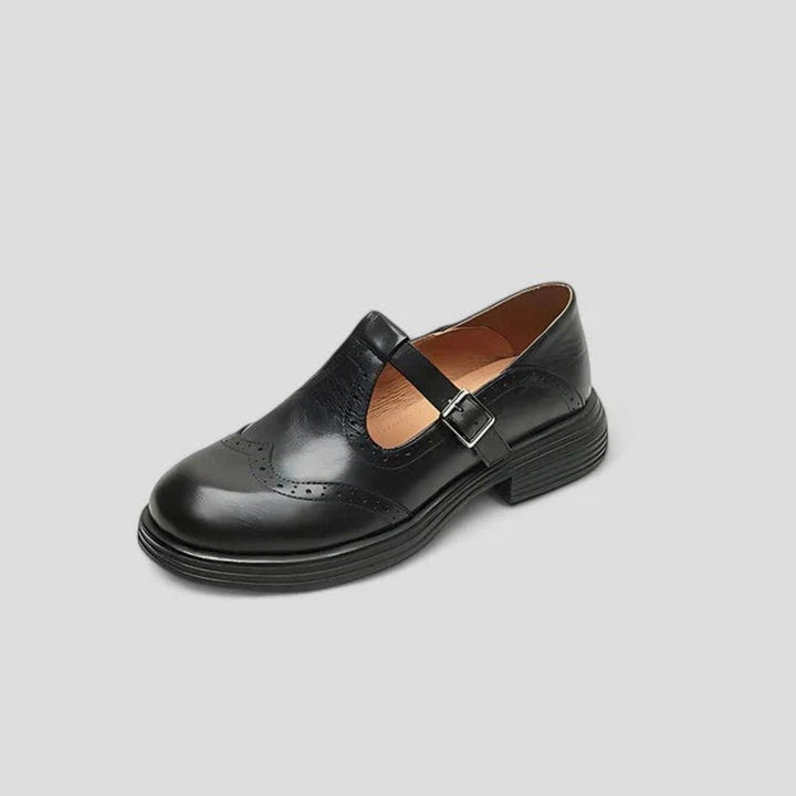 Women's Leather Brogue T-Strap Classic Boots Buckle Flats