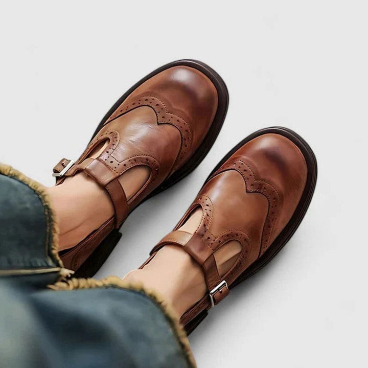 Women's Leather Brogue T-Strap Classic Boots Buckle Flats - Brown