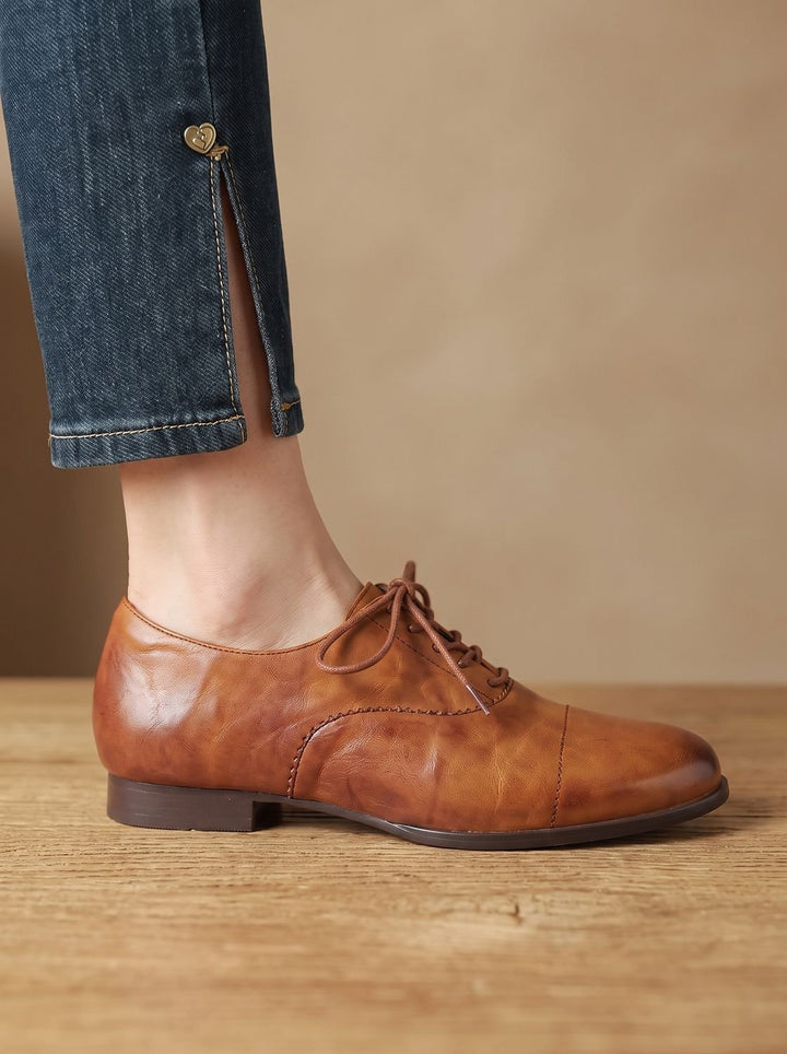 Women's Leather Lace-Up Cap Toe Flat Oxford Shoes - Caramel