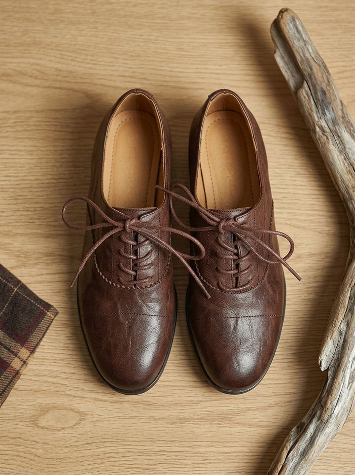 Women's Leather Lace-Up Cap Toe Flat Oxford Shoes