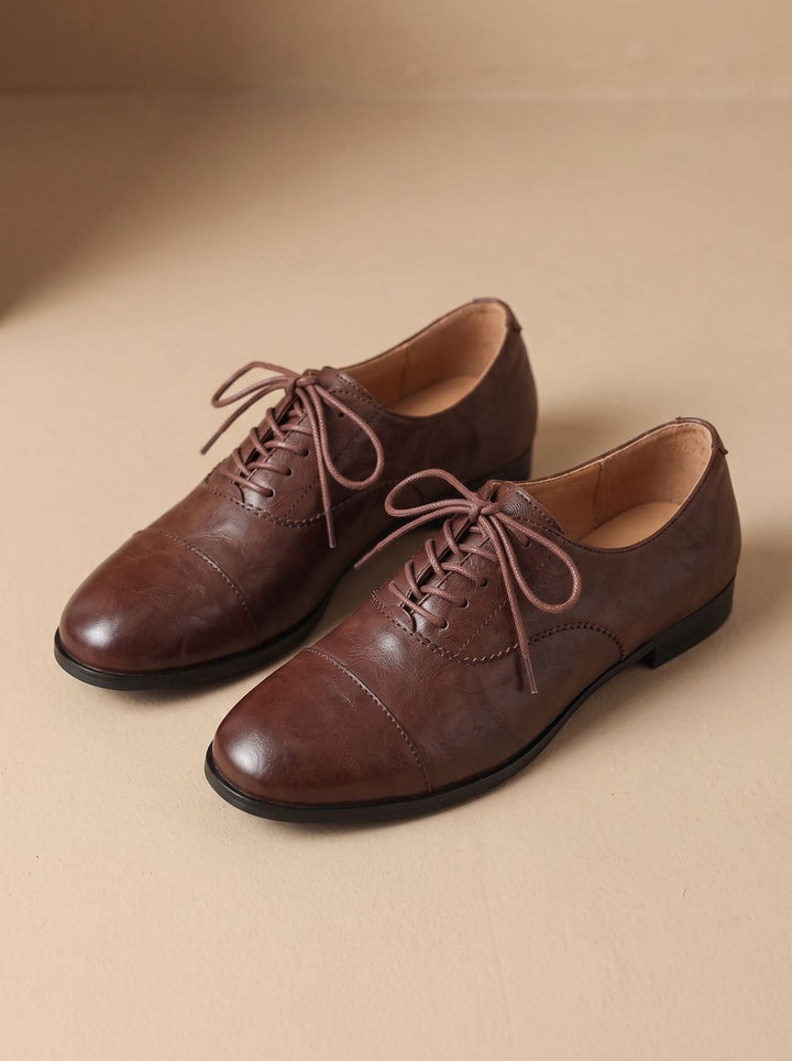 Women's Leather Lace-Up Cap Toe Flat Oxford Shoes