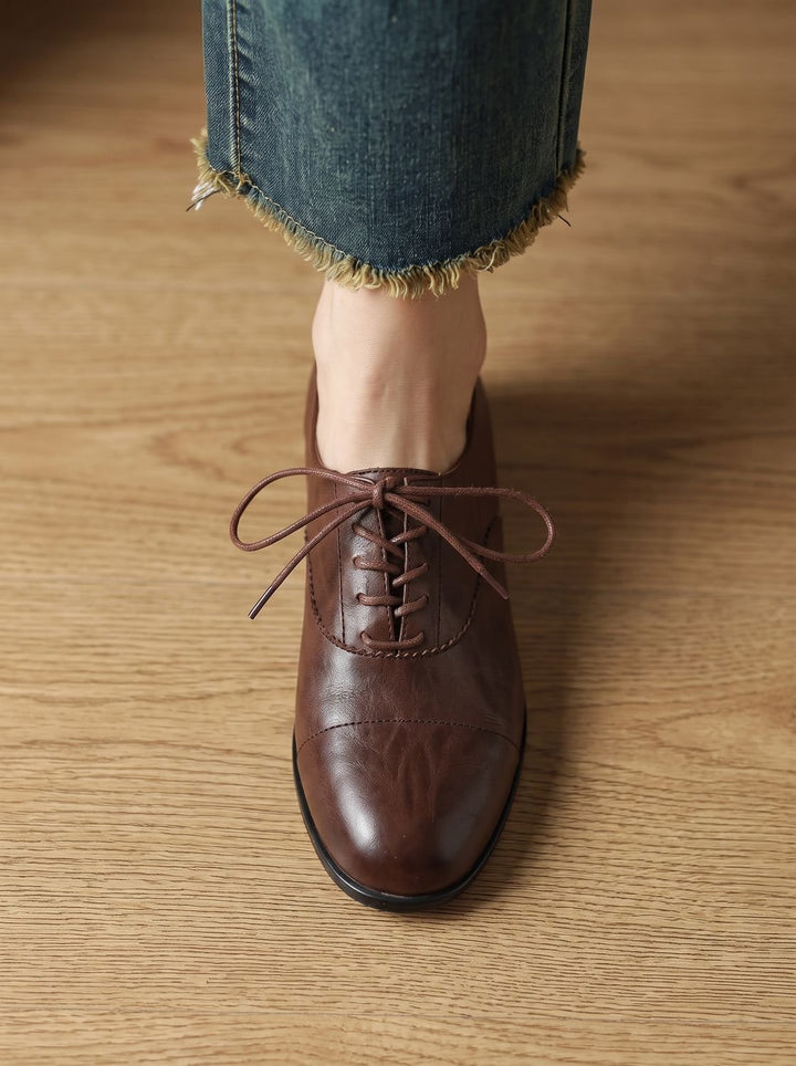 Women's Leather Lace-Up Cap Toe Flat Oxford Shoes