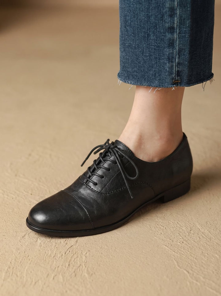 Women's Leather Lace-Up Cap Toe Flat Oxford Shoes - Black