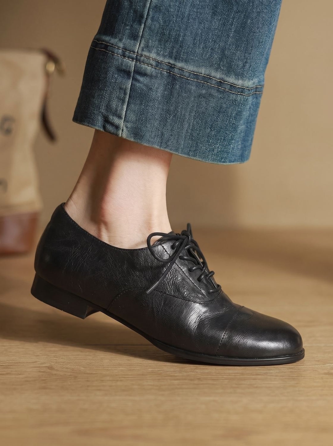 Women's Leather Lace-Up Cap Toe Flat Oxford Shoes