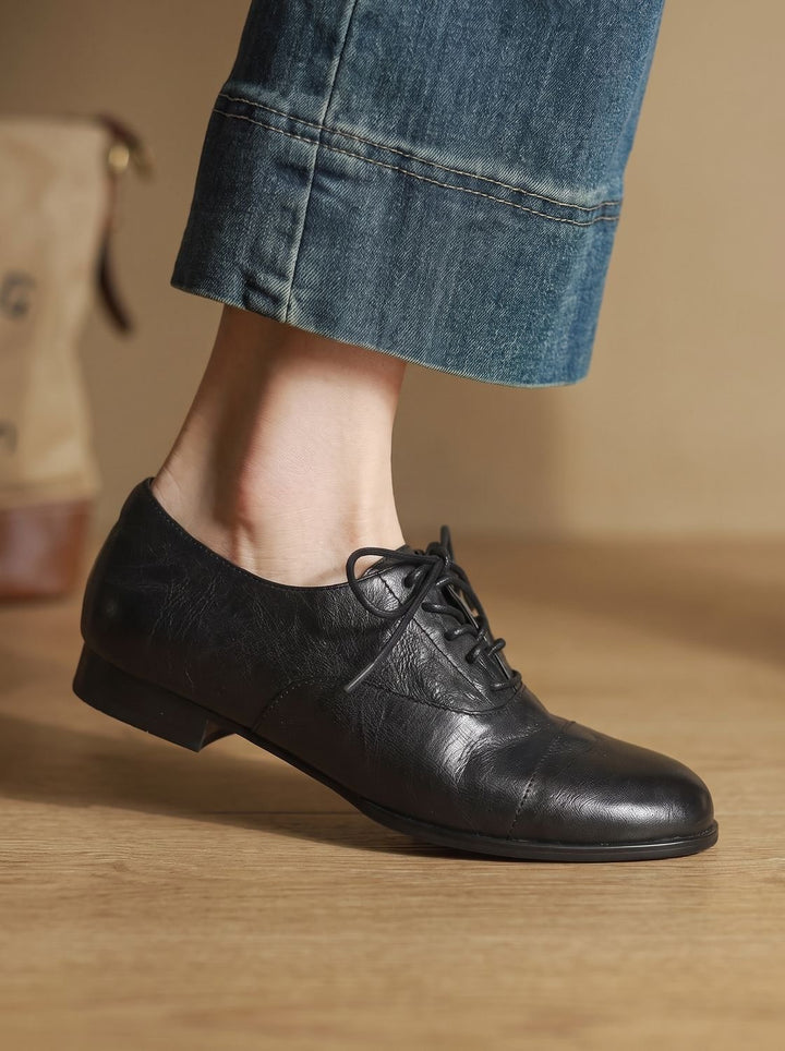 Women's Leather Lace-Up Cap Toe Flat Oxford Shoes