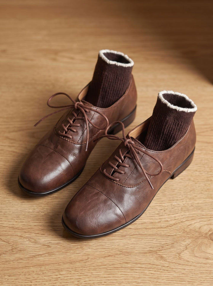 Women's Leather Lace-Up Cap Toe Flat Oxford Shoes