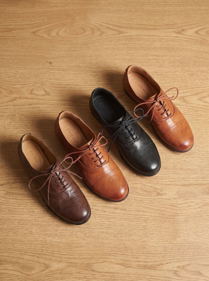 Women's Leather Lace-Up Cap Toe Flat Oxford Shoes