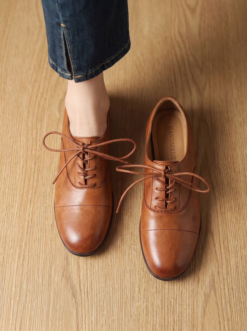 Women's Leather Lace-Up Cap Toe Flat Oxford Shoes