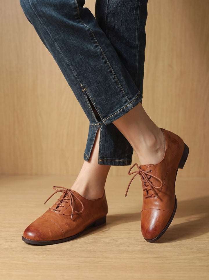 Women's Leather Lace-Up Cap Toe Flat Oxford Shoes