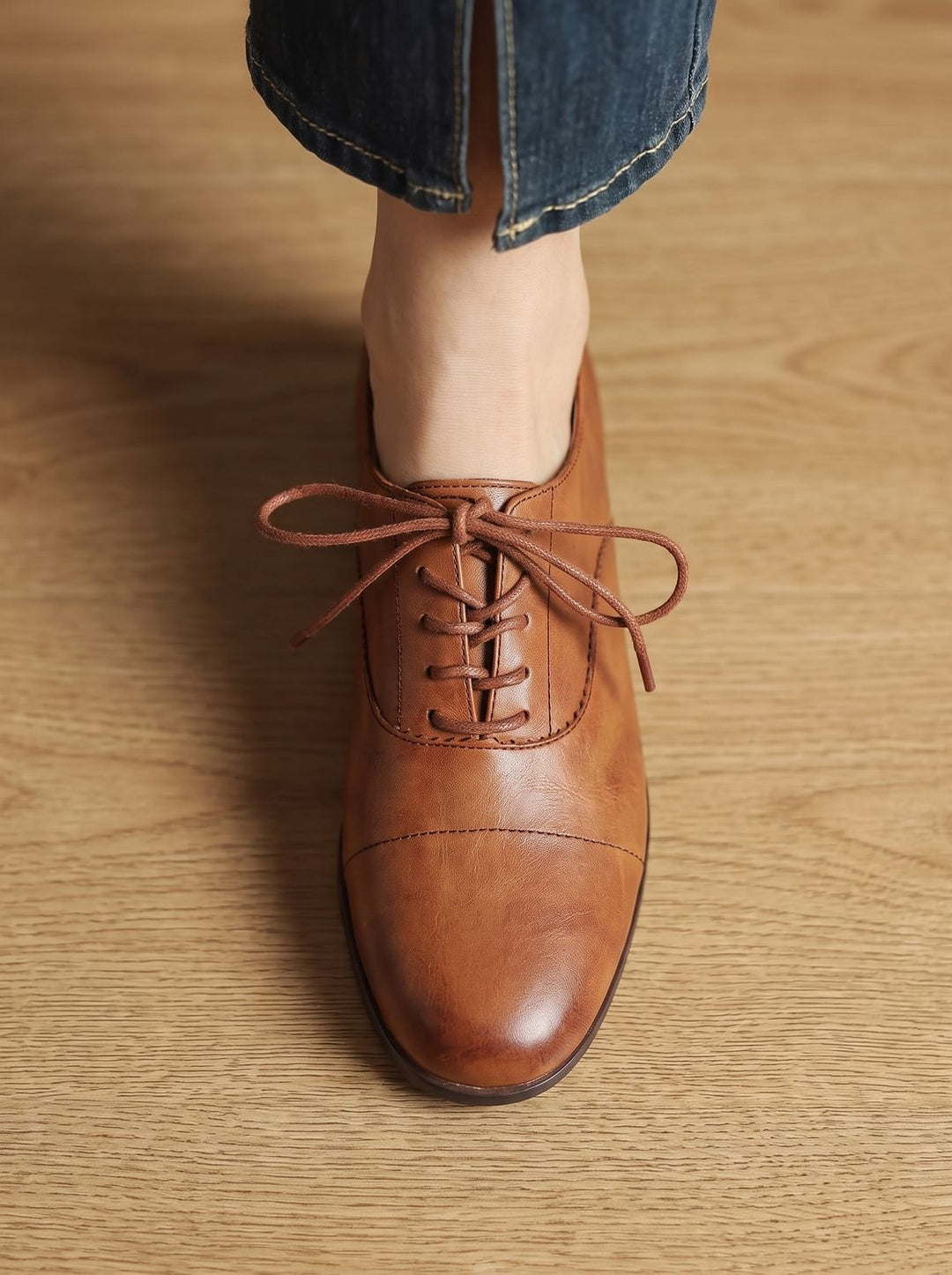 Women's Leather Lace-Up Cap Toe Flat Oxford Shoes